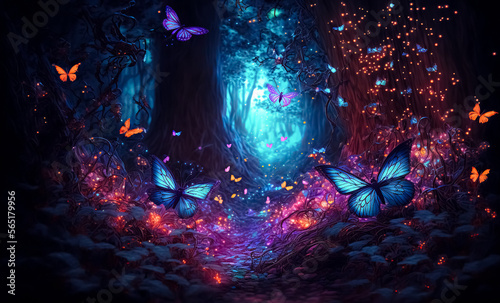 Fotografiet Fluttering fireflies and butterflies fly in the night fantasy enchanted forest