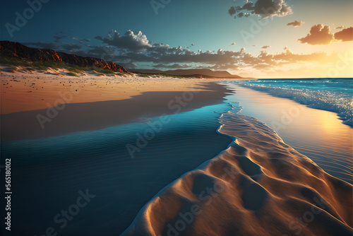 Beach during sunset, pretty coastline created with Generative AI Technology