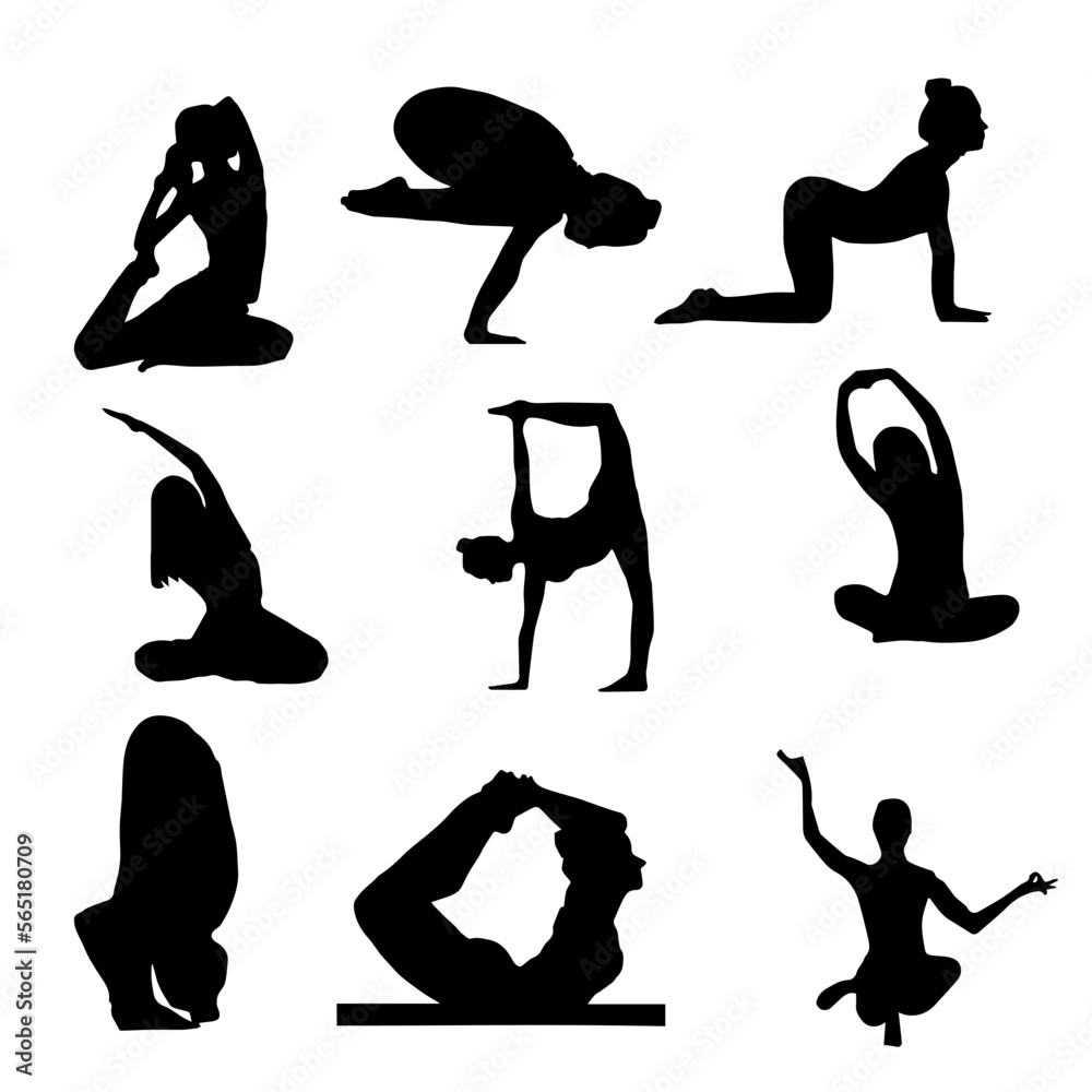 silhouette of woman. set of illustrations of a girl in a yoga pose. workout.