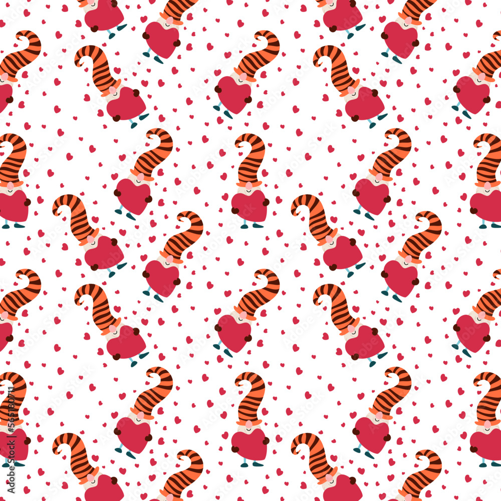 Valentine gnomes vector seamless pattern on a white background. Can be used for nursery, textile, fabric, scrapbooking. Vector illustration.