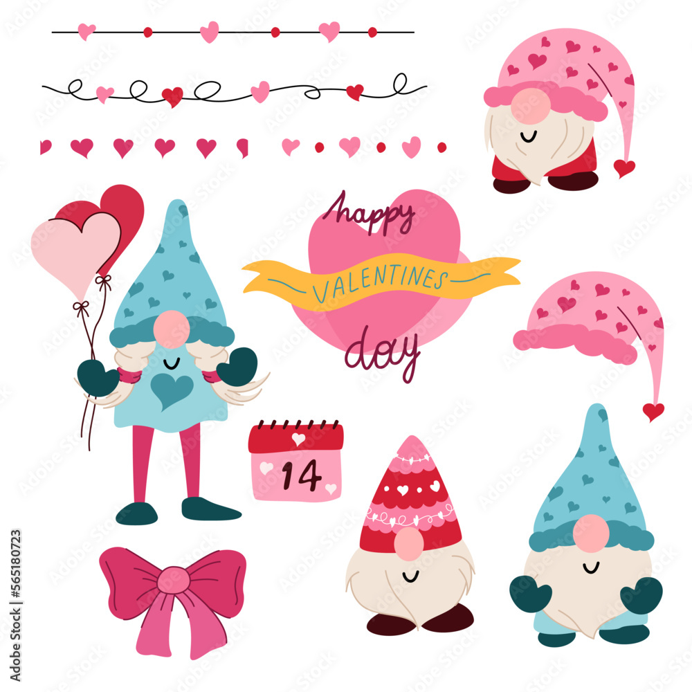 Set for Valentines day gnomes, heart, hat, bow, pattern. Vector illustration. Set for Valentines day gnomes, heart, hat, bow, pattern. Vector illustration.