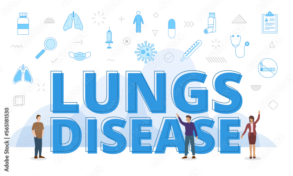 lung disease concept with big words and people surrounded by related icon with blue color style lung disease concept with big words and people surrounded by related icon with blue color style
