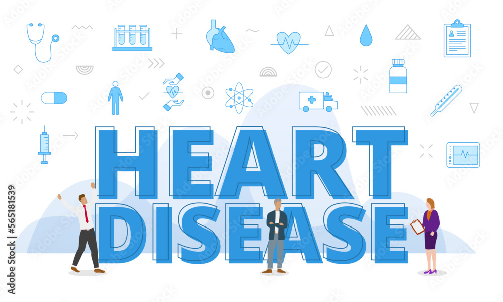 heart disease concept with big words and people surrounded by related icon with blue color style