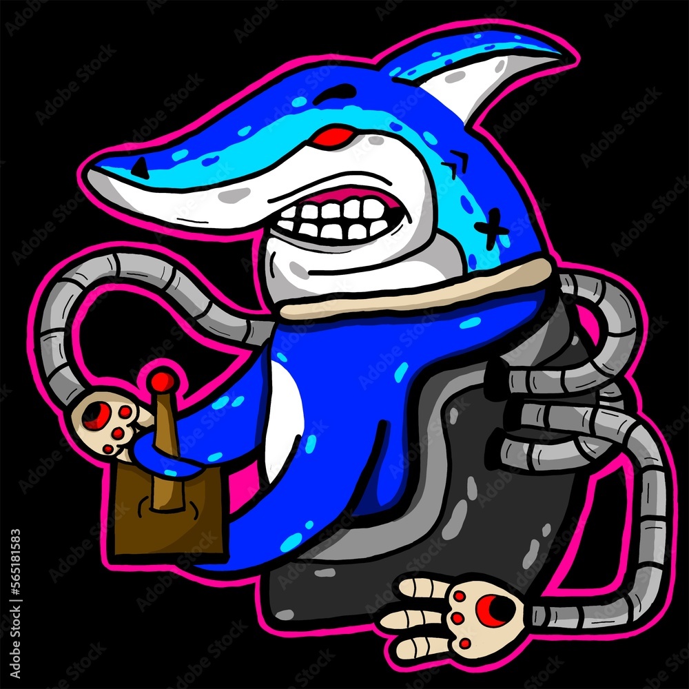 The design of a unique robot shark cartoon character illustration and has many robotic arms