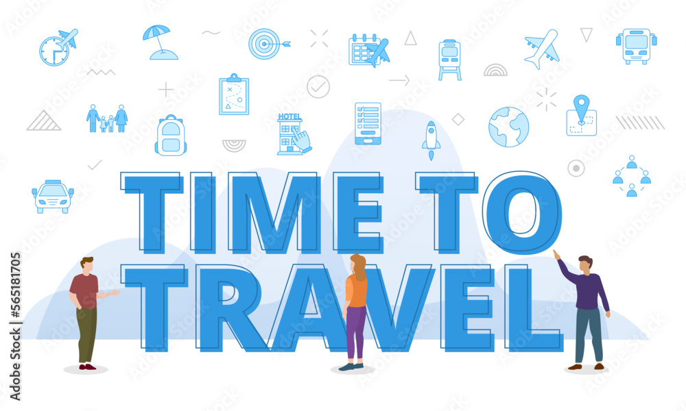 time to travel concept with big words and people surrounded by related icon with blue color style