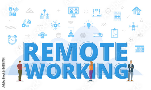 remote working concept with big words and people surrounded by related icon with blue color style