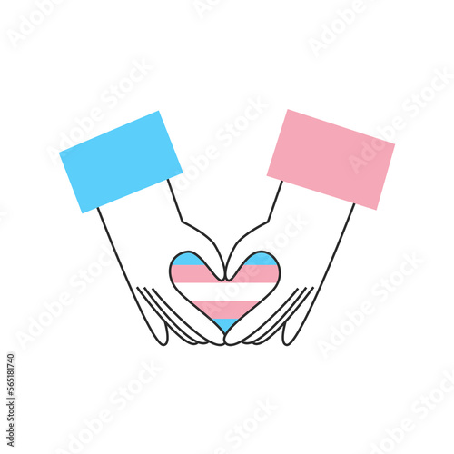 Hand with transgender flag heart and symbol. Trans day of visibility. LGBT equality, diversity, inclusion concept. Vector flat illustration.