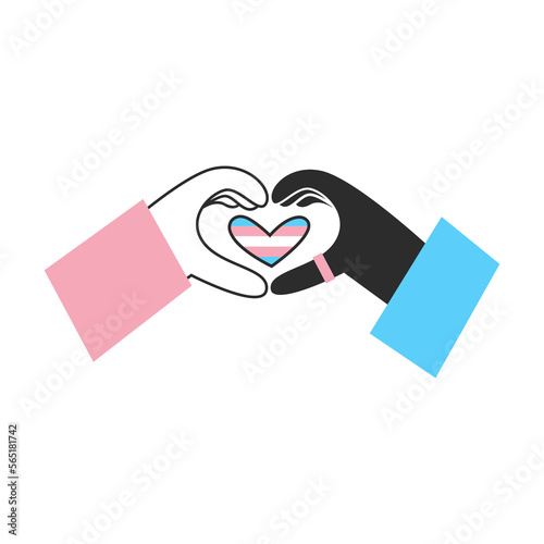 Black and white hands with transgender flag heart and symbol. Trans day of visibility. LGBT equality, diversity, inclusion concept. Vector flat illustration.