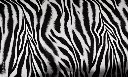 Abstract zebra skin pattern, zebra skin texture, Seamless zebra skin stripe pattern. The pattern is black and white and evocative of an African safari or jungle wildlife, AI Generated
