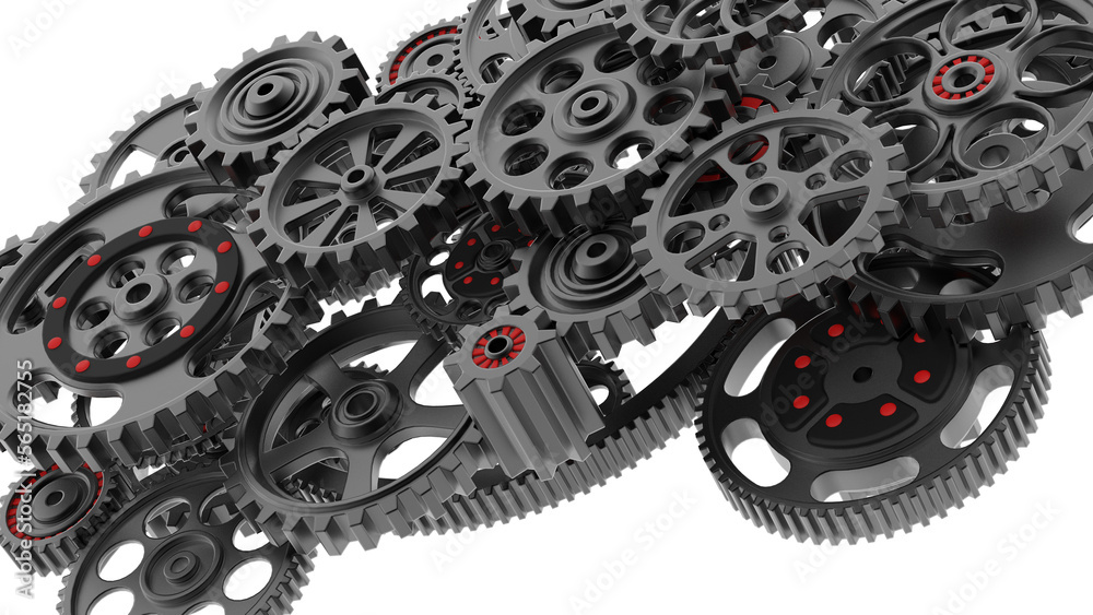 Mechanism black gears and cogs at work on spot light background. Industrial machinery. 3D illustration. 3D high quality rendering. PNG file format. Mechanism black gears and cogs at work on spot light background. Industrial machinery. 3D illustration. 3D high quality rendering. PNG file format.