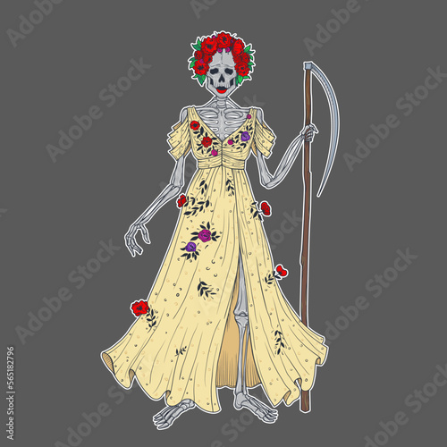 Hand drawn skeleton in dress with a scythe. Wreath on the skull of poppy flowers and roses. Symbol of death. Line art, outline, sketch, isolated, colorful, sticker, printable. Vector illustration.