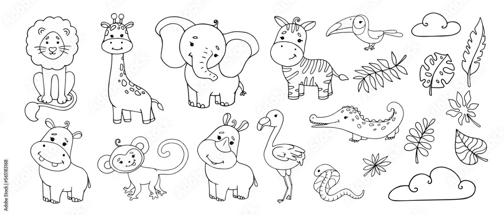 Linear sketches, coloring pages of little cute animals of the African savannah and tropical leaves.Vector graphics.