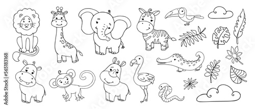 Linear sketches, coloring pages of little cute animals of the African savannah and tropical leaves.Vector graphics.