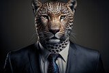 Beautiful realistic portrait of a leopard in a suit and tie.