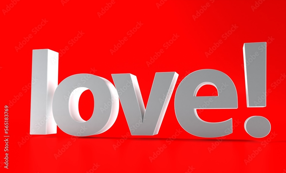 3d rendering of 3d white love text with red background in dark room. Translation love.