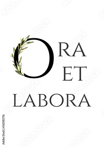 ora et labora greenery watercolor olive letters sign, poster, printable, frame art, card, print. Botanical living room poster, flyer, latin quotes, inspiration quotes greeting card, illustration 
