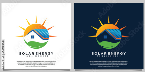 sun solar energy logo design with solar panel tech and home