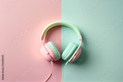 Generative AI illustration of modern wire pink and blue headphones placed on two colored background