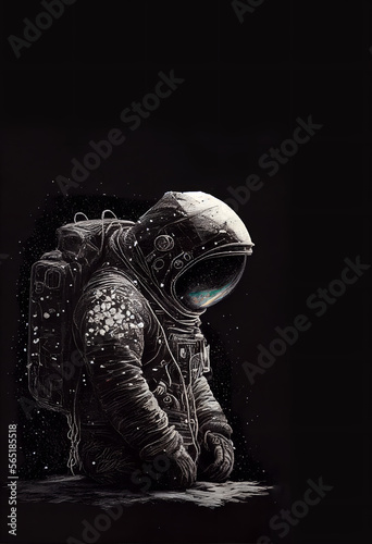 AI generated illustration of unrecognizable astronaut in spacesuit standing on knees against dark starry night sky