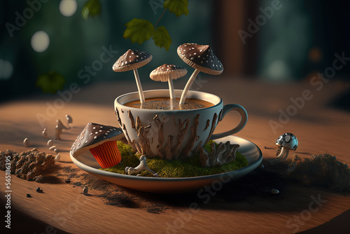 Mushroom coffee, a ceramic cup, mushrooms in coffee on wooden table background. New Superfood Trend. Concept. Generative AI photo