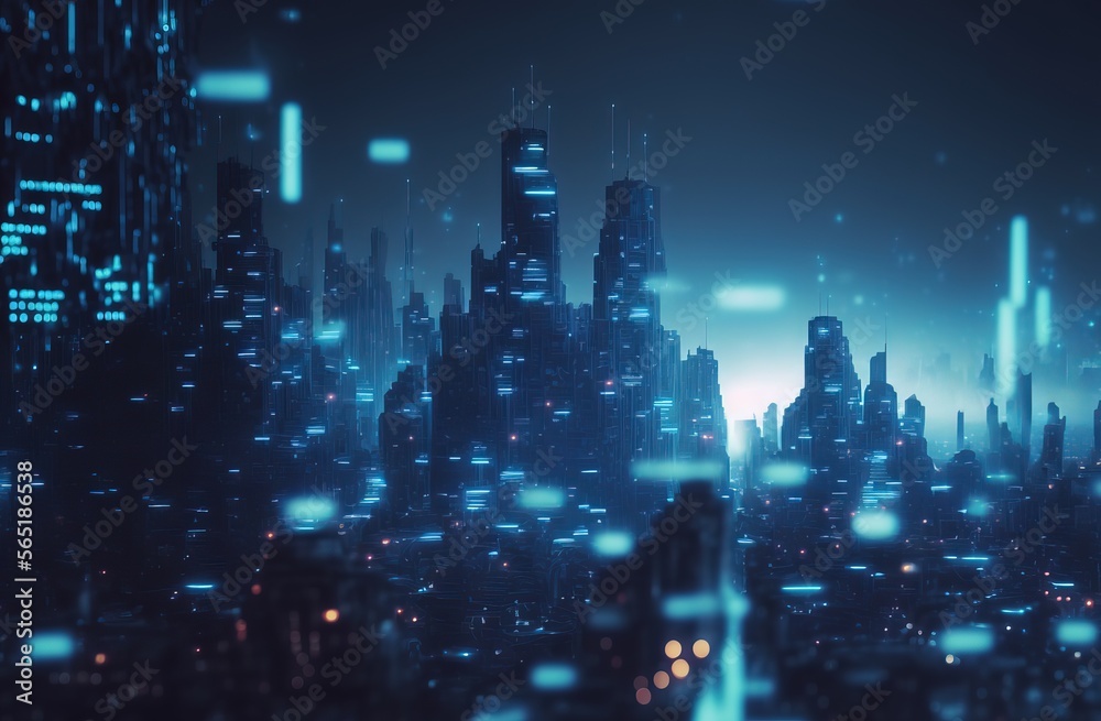 glowing blue sci fi city at night with glowing blue flairs