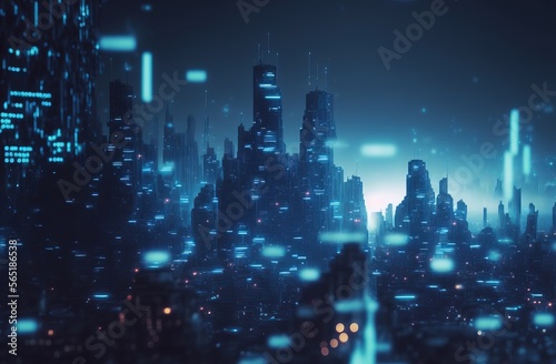 glowing blue sci fi city at night with glowing blue flairs