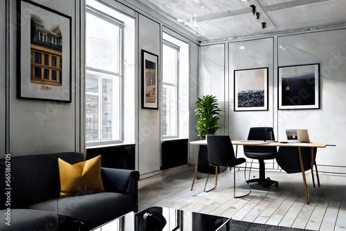 Bright, modern office design with sleek furnishings and decor, window view for corporate meetings and lounge. business seeking functional and stylish workspace, perfect  productivity and creativity.