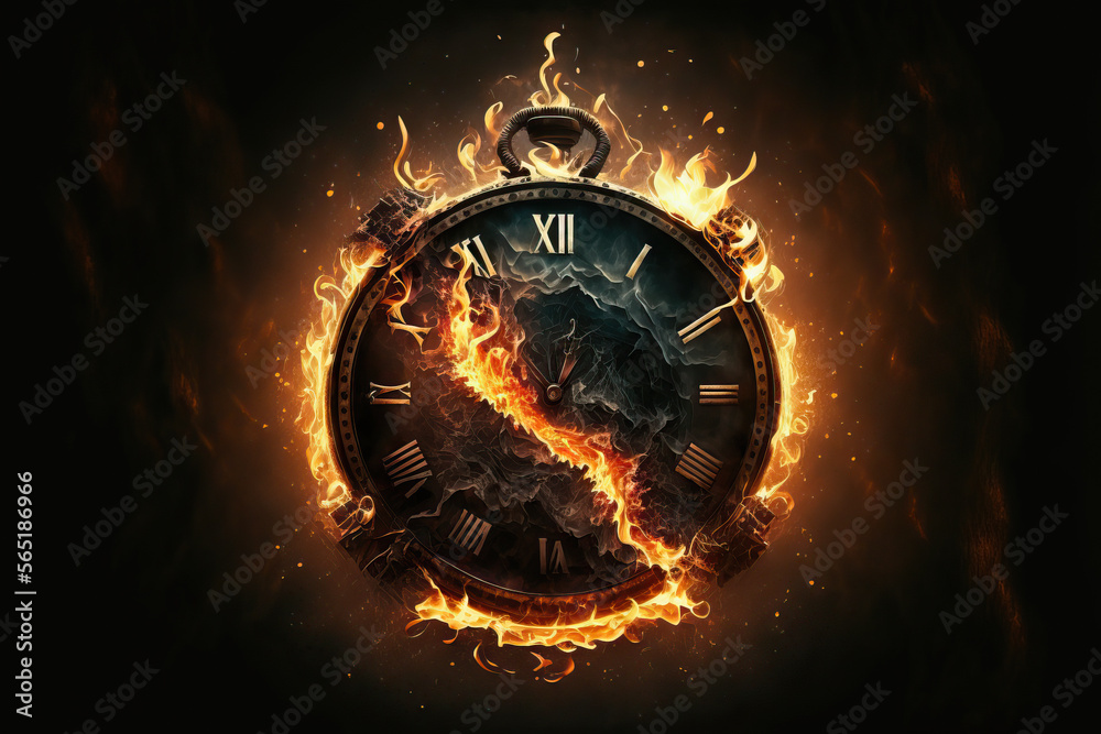 Clock on fire, melting hands symbolize time running out. Generative AI