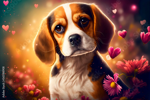 Adorable and Cute Dog with Hearts and Flowers on the Background. Valentine s Day Wallpapper. Generative AI