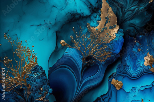 Pastel cyan mint liquid marble watercolor background with gold lines and brush stains. Teal turquoise marbled alcohol ink drawing effect. Vector illustration backdrop, watercolour wedding invitation.