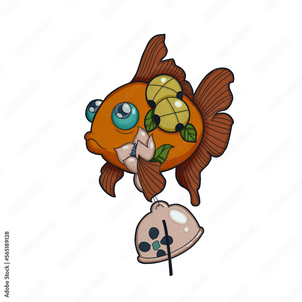 ilustración de pez con flor, cascabel y campana para tatuajes, tarjetas, vasos, camisetas, y mercancía