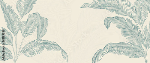Botanical art background with tropical leaves in white and blue color hand drawn in line style. Luxury banner with exotic plants for decoration, print, wallpaper, textile, packaging. photo
