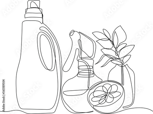 Continuous one line drawing of bottles for liquid laundry detergent, bleach, fabric softener, dishwashing liquid or another cleaning agent. Easy to place your text and brand logo. Vector illustration