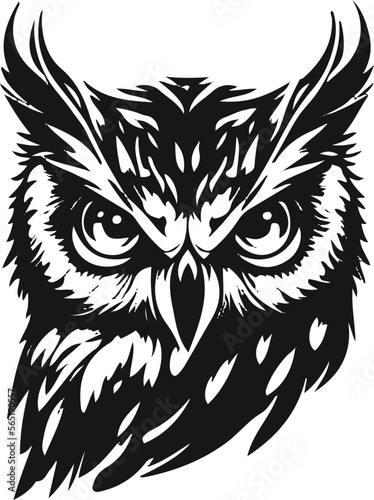Owl head Black white hand drawn doodle animal, owl  tattoo and silhouette vector 