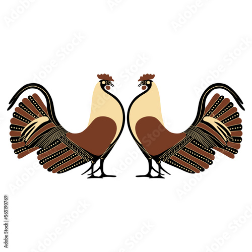 Symmetrical animal design with two roosters. Ancient Greek vase panting style. Isolated vector illustration. On white background.