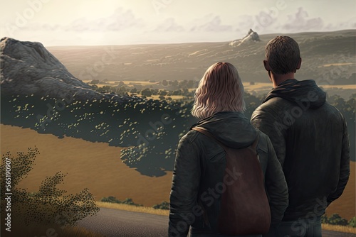 Illustration of a couple looking at a distant valley - Created with generative ai