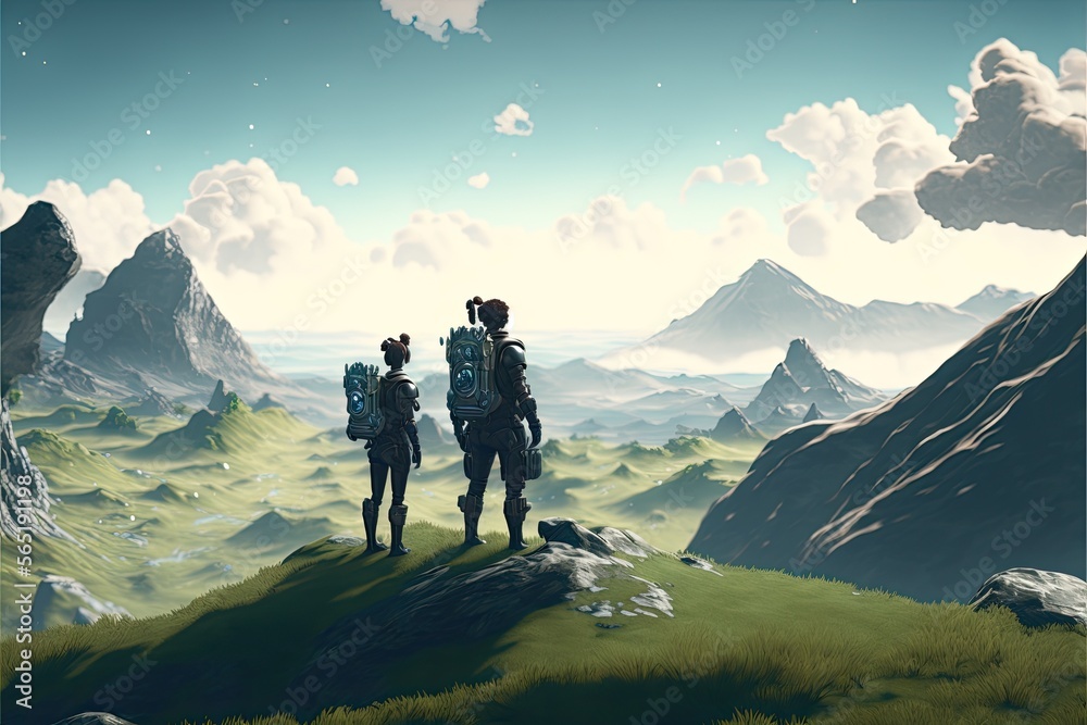 Illustration of a modern and future travellers - Metaverse and outerworlds - Created with Generative ai Technology