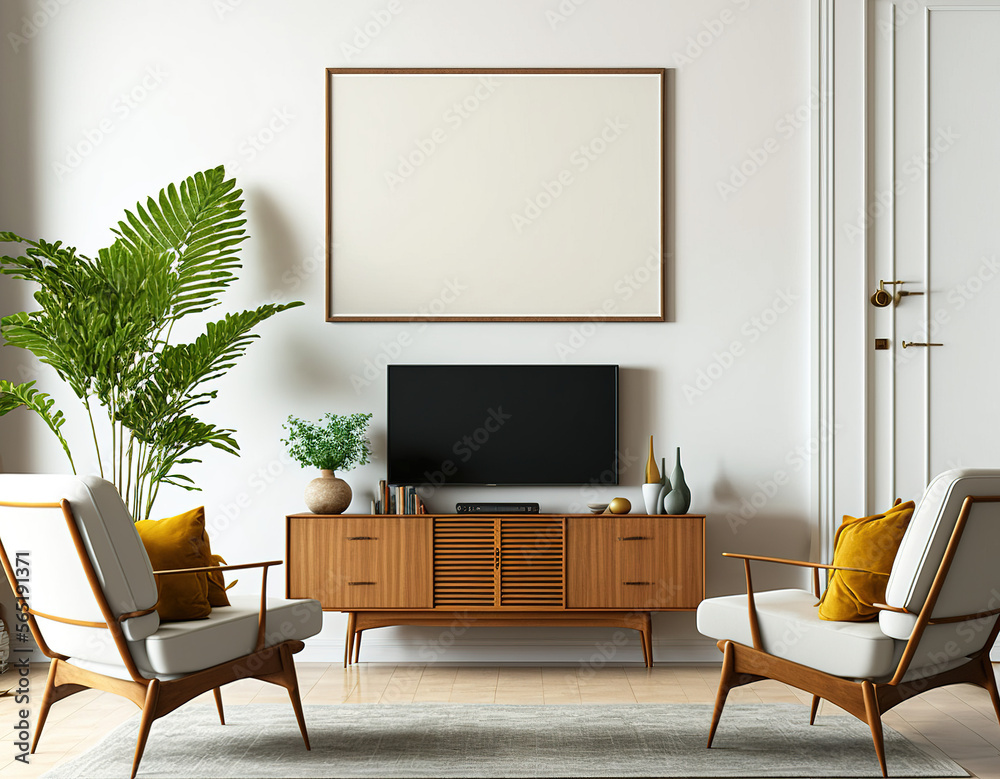 Fototapeta premium Mid Century Living Room, One Horizontal Blank Picture Frame Mockup on The Wall - Generative AI 