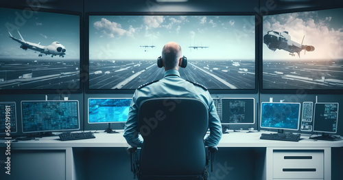 Air radar traffic Center, Airplane controller working airport tower. Workplace office with screen computer displays with fly plane navigation. Generation AI