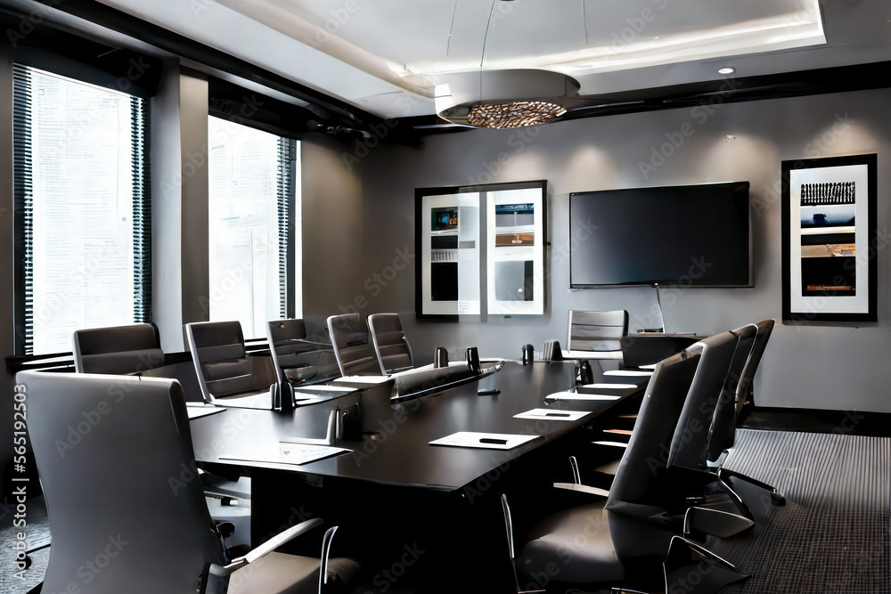 A modern board room with a large conference table at its center, surrounded by comfortable chairs. The walls are adorned with high-tech presentation screens and the latest audio-visual equipment. A modern board room with a large conference table at its center, surrounded by comfortable chairs. The walls are adorned with high-tech presentation screens and the latest audio-visual equipment.