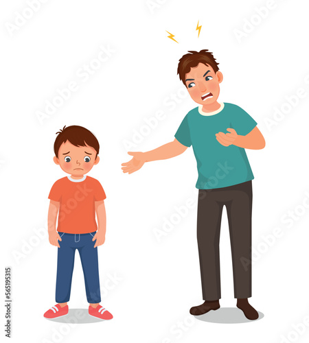 Angry father scolding his little son for bad behavior 