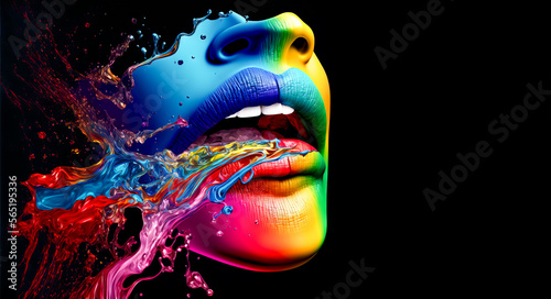  Liquid rainbow colors dripping off of a human females open mouth face and lips. Bright and beautiful colors on a black background with white teeth. abstract art. Image created with generative ai