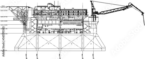 Detailed sketch of a crude oil mining refinery in the middle of the sea