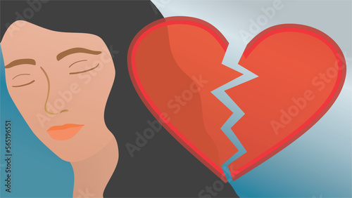 Banner with sad woman, girl with red broken heart. Separation relation, divorce, jealousy, break up. Dimension 16:9. Vector illustration.