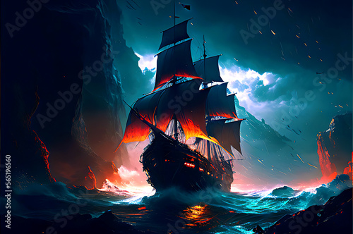 Leinwand Poster Pirate sail boat- Created with Generative AI Technology