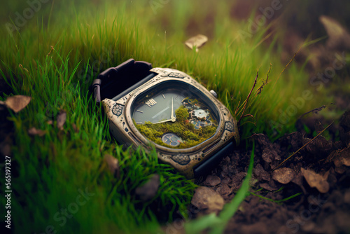 A watch, with a cracked glass and stopped, lying on a bed of fallen leaves