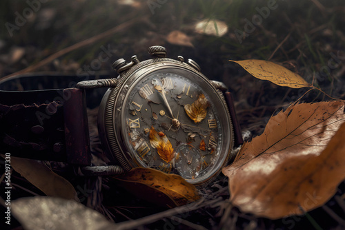 A watch, with a cracked glass and stopped, lying on a bed of fallen leaves