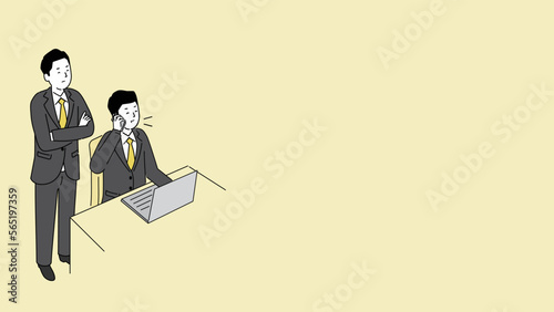 電話をする新入社員と見守る上司のイラスト、右にコピースペース、ベクター