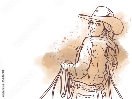 brown cowgirl in a hat digital art for card illustration background