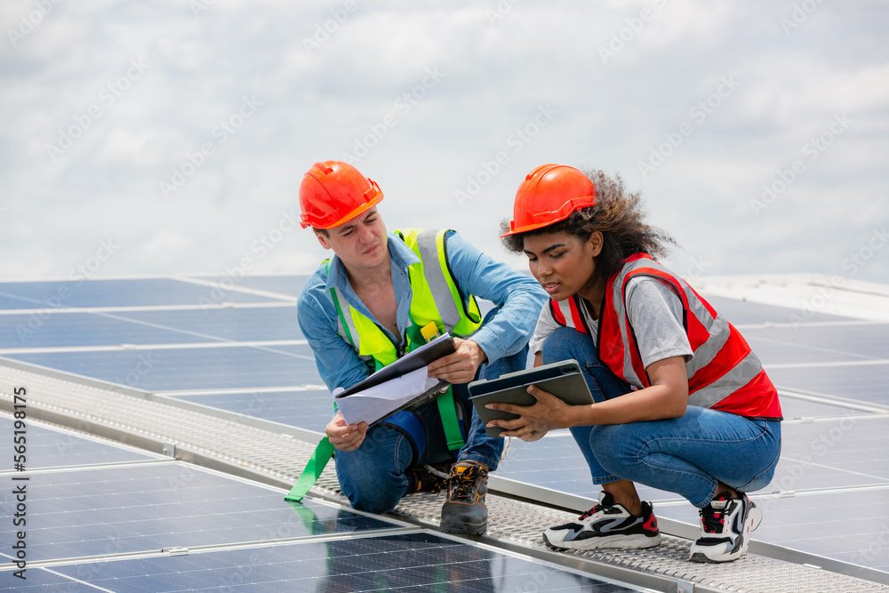 Green environmental energy concept, Technician workers team installing solar photo voltaic panels to high steel platform of factory, Photovoltaic module idea for clean energy Green environmental energy concept, Technician workers team installing solar photo voltaic panels to high steel platform of factory, Photovoltaic module idea for clean energy